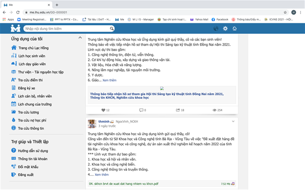 Giao diện trang Me của ĐH Lạc Hồng được đánh giá là dễ sử dụng trong tra cứu thông tin về học tập và các hoạt động khác của Sinh viên 